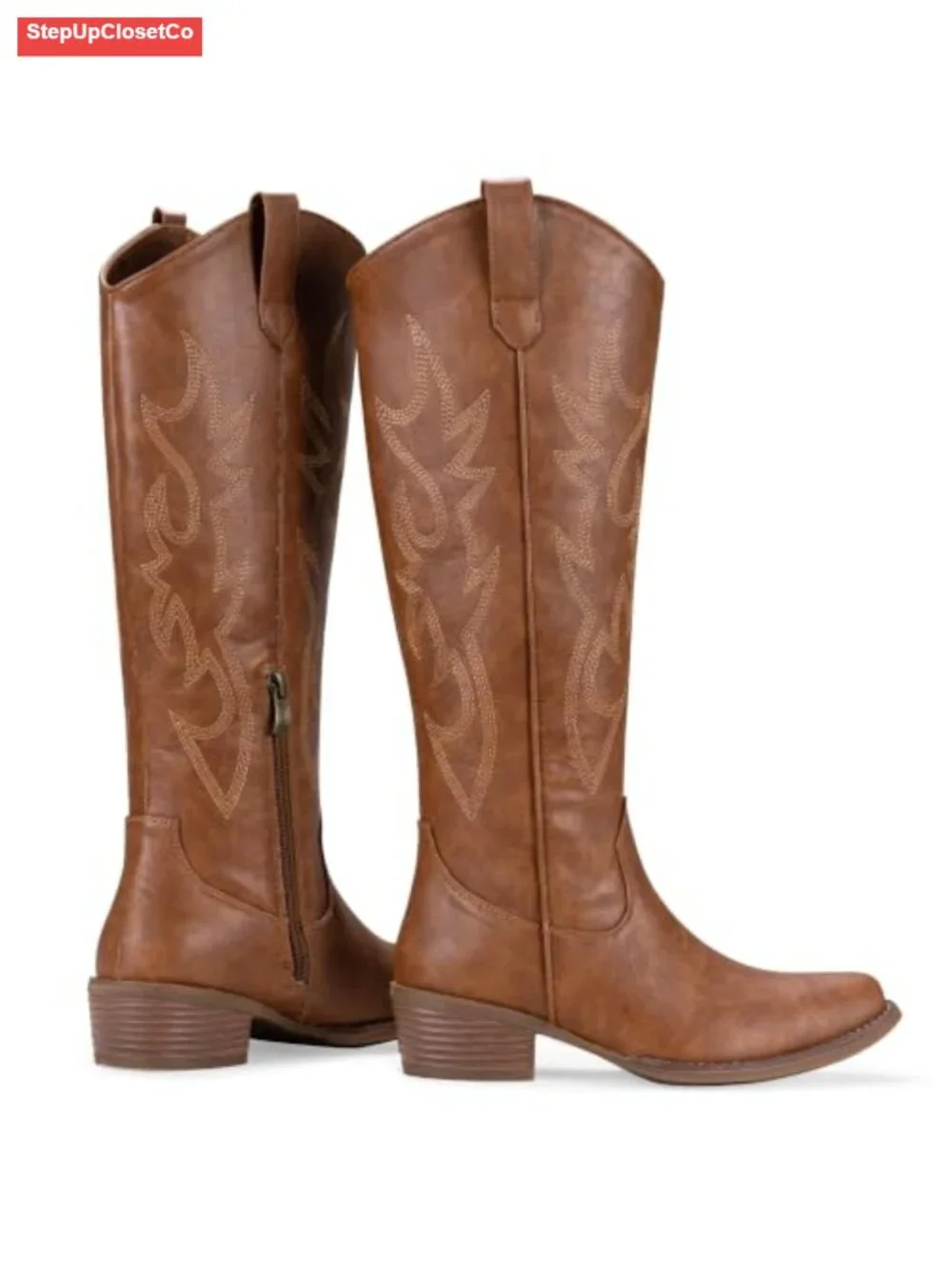 Women's Knee High Cowboy Boots Low Heel Western Embroidered Synthetic Leather